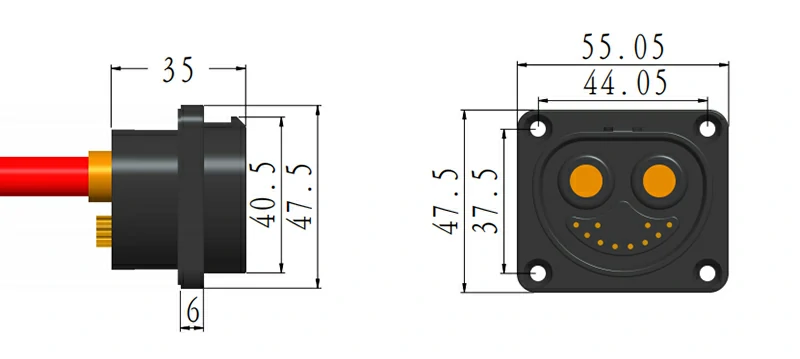 Technical drawing of 2+1+10 (200A) high power female connector, showing detailed dimensions and panel mounting specifications.