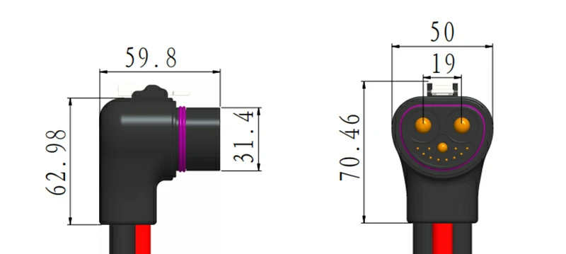 Technical drawing of 2+1+10 (200A) high power male connector, showing detailed dimensions and pin layout.