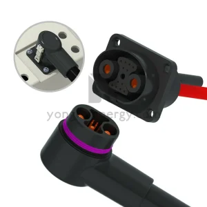 Close-up view of 80A battery pack connector for electric motorcycle, showing terminal and housing details