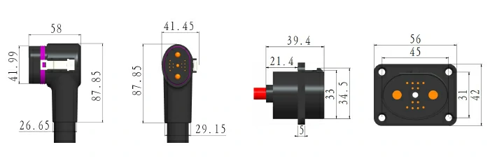 Technical drawing of 80A battery pack connector for electric motorcycle, showing detailed dimensions